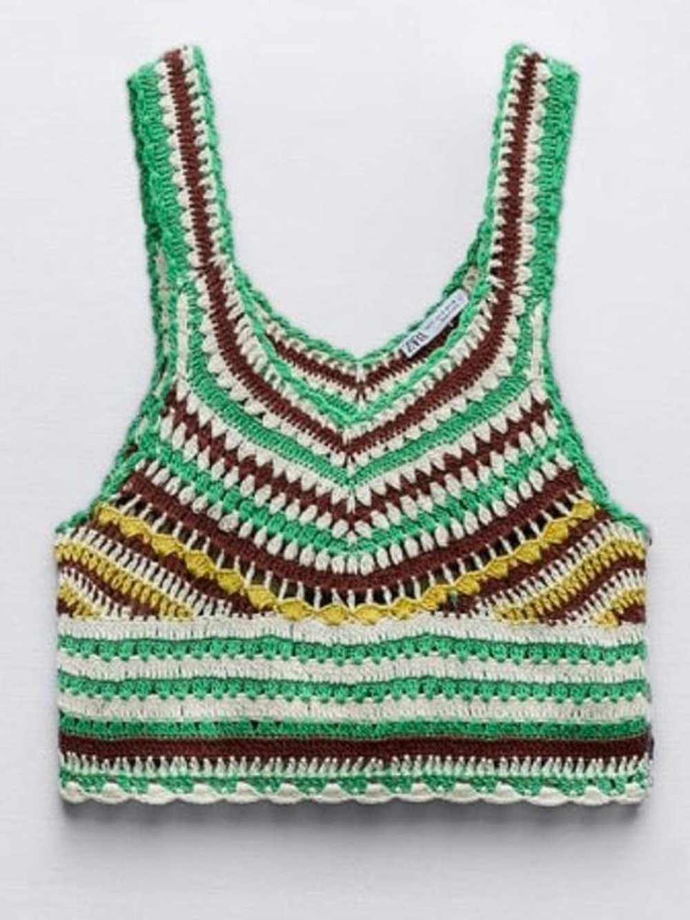 NWOT Zara Crocheted Striped Crop Top in Green, Brown, White, Yellow